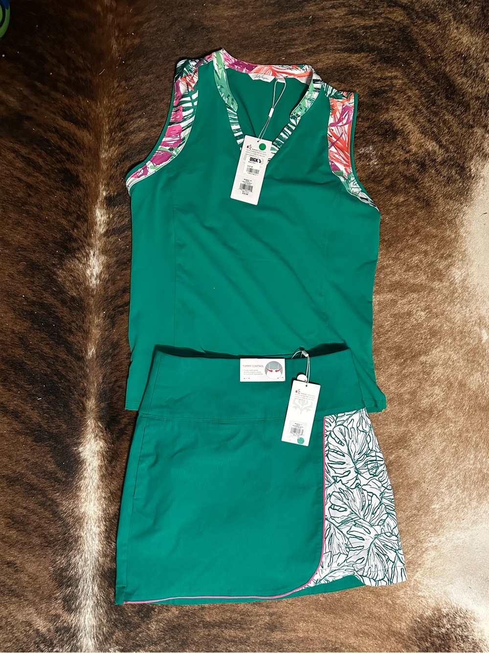 Lady Hagen Emerald Green Sleeveless Top and Skort Set with Floral Trim